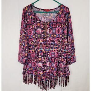 Joni B. stretch knit fringe top Size XL Southwestern Boho Artsy Maximal
